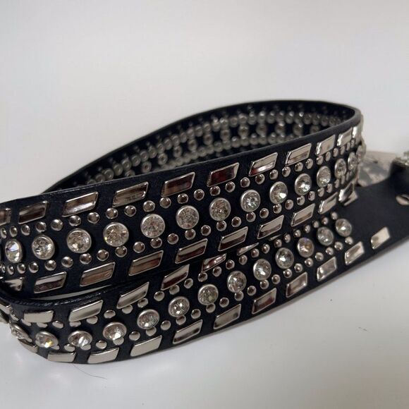 Vintage 90s Grunge Black Leather Chunky Festival Indie Hippie Rhinestone Belt /L main image 8